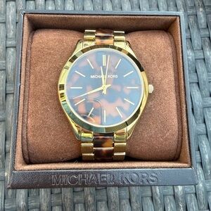 Michael Kors Gold and Tortoiseshell Link Watch
